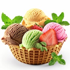 Ice Cream in Waffle Cups With Three Different Colors, Strawberry and Mint Leaves