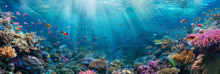 An expansive underwater panorama presenting a rich, colorful coral reef bustling with multicolored fish and marine biodiversity