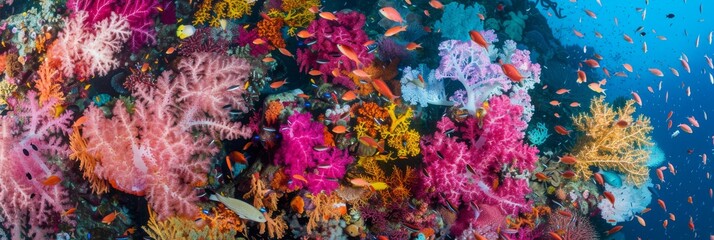 Fototapeta na wymiar This underwater image showcases the immense diversity and vivid colors of a deep-sea coral ecosystem with various fish species