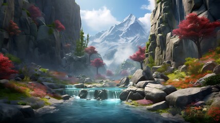 A digitally-generated scene showcasing a breathtaking waterfall cascading down rugged cliffs into a crystal-clear pool below, set against a backdrop of towering mountains and - obrazy, fototapety, plakaty