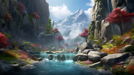  A digitally-generated scene showcasing a breathtaking waterfall cascading down rugged cliffs into a crystal-clear pool below, set against a backdrop of towering mountains and © GraphicXpert11