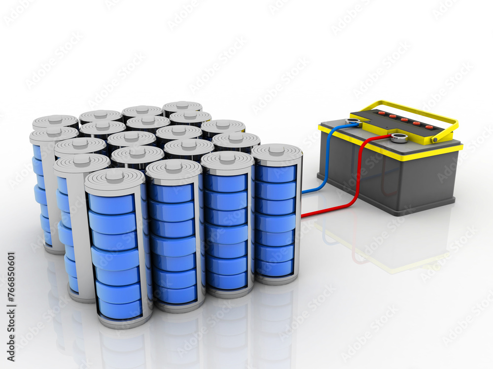 Poster 3d rendering electrical energy and power supply source concept, accumulator inverter battery with ch