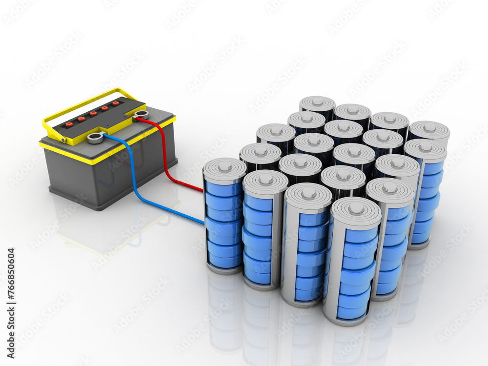 Poster 3d rendering electrical energy and power supply source concept, accumulator inverter battery with ch