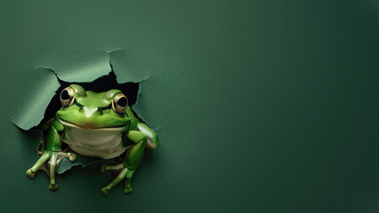Attentive green frog with visibly bright eyes looking out from a shredded hole in a green backdrop - obrazy, fototapety, plakaty