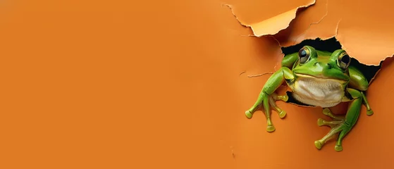 Deurstickers A vivid image of a green frog with bulging eyes peeking curiously through a torn orange paper background © Fxquadro
