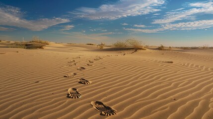 This image captures a solitary journey, with a trail of footprints leading through the vast, tranquil landscape of undulating desert sands