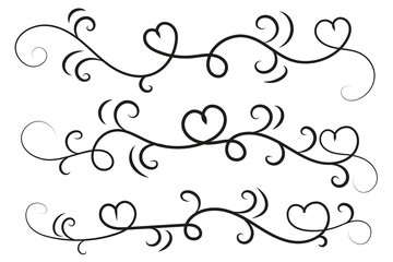 
Filigree curly Calligraphic Heart, Fancy Line Flourishes Swirls hearts, curve romantic love sign, Valentines Day divider flourish Swirl, Calligraphy Flourish lettering header hearts scroll vector