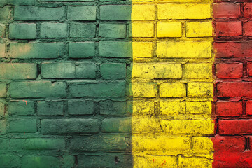Colorful Brick Wall with Green, Yellow, and Red Sections. Tri-Colored Brick Texture in Green,...