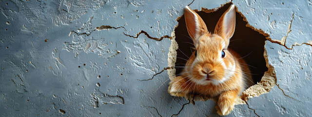 Easter bunny poster peeking out of a hole in the wall with copy space, rabbit jumps out of a torn hole - obrazy, fototapety, plakaty