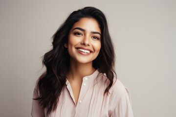 Portrait of a smiling young woman of Indian ethnicity having long flowing hair	
