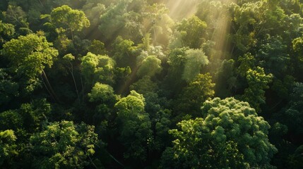 Fototapeta na wymiar Sunbeams cutting through the treetops of a dense green forest from an aerial perspective, feeling of life and vitality
