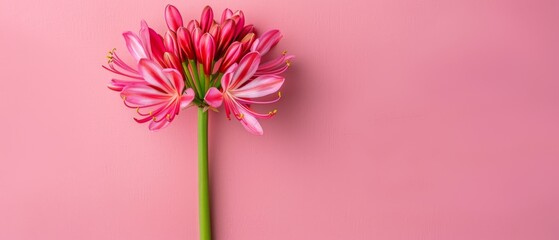   A stunning close-up image showcases a vibrant pink flower on a pink backdrop, adorned with a lush green stem