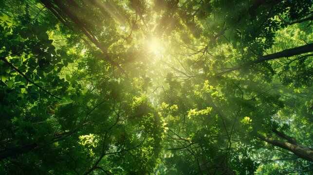 A serene view of sun rays piercing through the dense foliage of a lush green forest