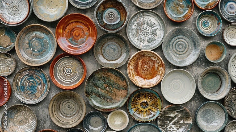 Poster a uhd close-up of a collection of artisanal ceramic plates hanging on a wall, each piece unique in i