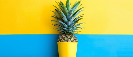   A vibrant yellow pineapple rests in a matching pot against a striped blue and yellow wall, adding a pop of color and freshness to any room
