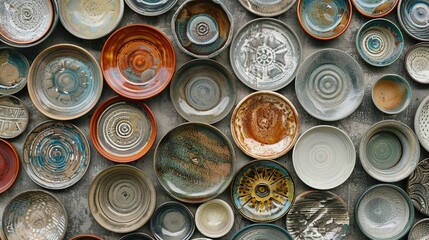 A UHD close-up of a collection of artisanal ceramic plates hanging on a wall, each piece unique in its design and color palette, creating a visually striking tableau against the solid background.