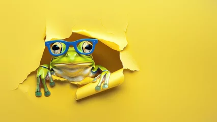 Fototapeten An amusing green frog wearing blue glasses peers through a torn hole in a bright yellow background © Fxquadro