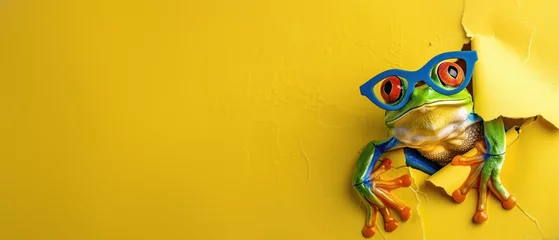 Foto op Canvas A vibrant image featuring a colorful frog with red glasses making its way through a yellow paper opening © Fxquadro