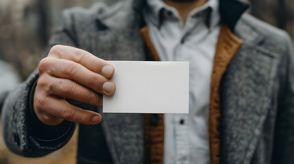 Man holding white business card on concrete wall background Ai Generated