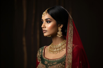 Portrait of a beautiful female of Indian ethnicity wearing traditional bridal costumes and jewellery