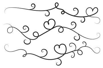 
Filigree curly Calligraphic Heart, Fancy Line Flourishes Swirls hearts, curve romantic love sign, Valentines Day divider flourish Swirl, Calligraphy Flourish lettering header hearts scroll vector
