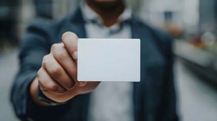 Man holding white business card on concrete wall background Ai Generated