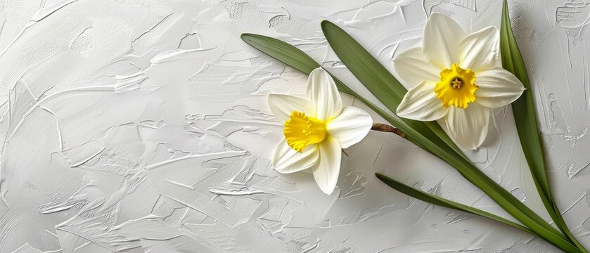   Two vibrant daffodils in a white photo with lush green foliage