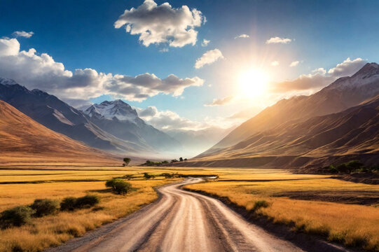 Scenery view of wild nature Bolivia with countryside road, sunny summer day. Landscape photo of bolivian natural mountains wilderness. Global ecology concept. Copy ad text space, nature backgrounds