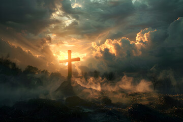 A dramatic Easter cross illuminated by sun amid storm clouds, conveying religious symbolism and hope. Suitable for religious events, spiritual-themed content, and Easter holiday usage. - obrazy, fototapety, plakaty