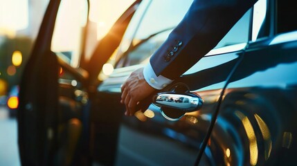 chauffeur by car door, businessman hands on vehicle handle, professional transport, business class service, executive travel, corporate pickup