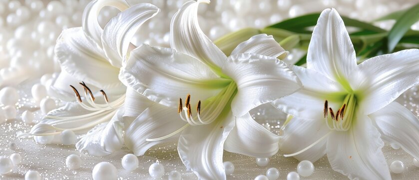   A stunning image of white flowers, arranged on a white surface and glistening with droplets of water on their delicate petals