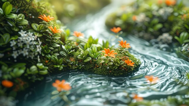 Close-up image showcasing vibrant flowers and greenery on a serene water stream