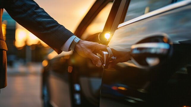 businessman with chauffeur by car door, hand on vehicle handle, professional transport service, business class travel, executive commute, luxury pickup