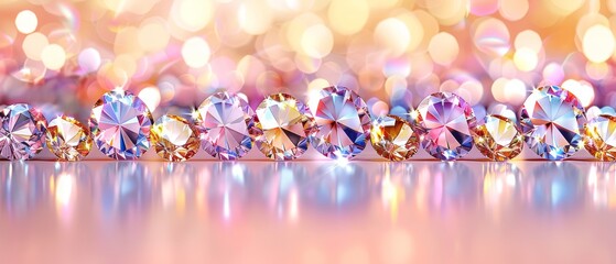   A colorful array of diamonds resting atop a table against a hazy pink-yellow backdrop