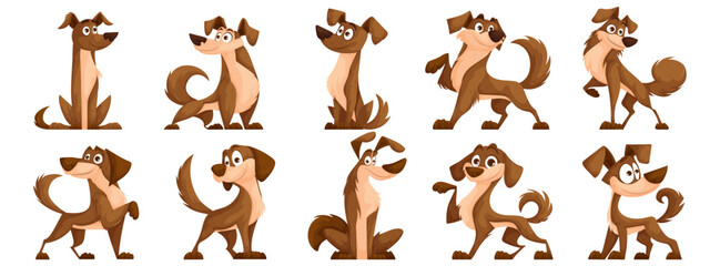 Cute dogs vector set. Cartoon characters of dogs or puppies create a collection of flat color in different poses. Set of funny pets isolated on a white background.