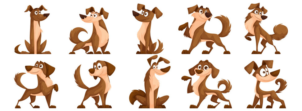 Cute dogs vector set. Cartoon characters of dogs or puppies create a collection of flat color in different poses. Set of funny pets isolated on a white background.