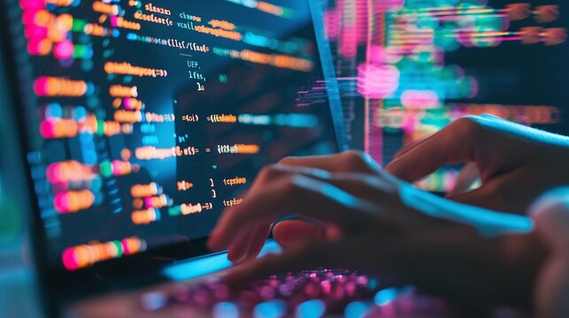 closeup view of coding on screen, woman hands programming HTML, laptop development work, web developer working on project, digital technology design - Powered by Adobe