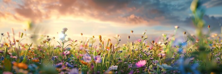 Breathtaking sunset casting warm light over a vast meadow filled with vibrant wildflowers and lush greenery