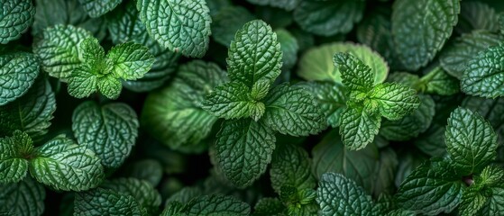  Fresh mint plants in detail - Green leaves on both sides