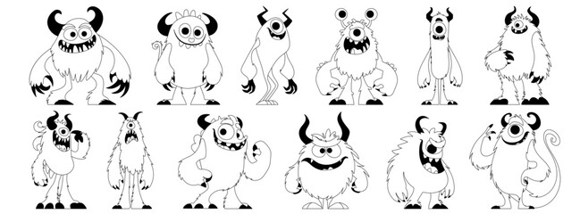 A set of furry monsters with cute, quirky, funny and evil emotions, funny and unique shapes. A furry monster with horns is posing. Strange creature. Black lines style. Vector illustration.
