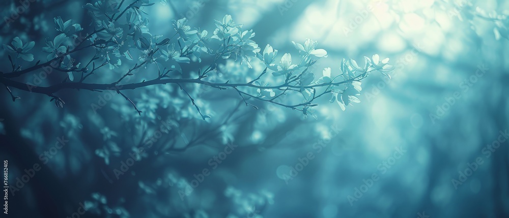 Wall mural   Tree with white flowers in front of blue sky