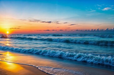 Obraz premium Art Beautiful sunrise over beach in Cancun; Dramatic sky clouds over beach on Sea; Drims paradise summer vacation destination; generative ai