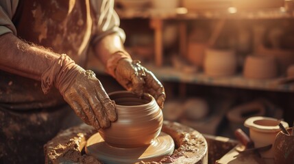 A man is crafting tableware on a pottery wheel, creating dishes for food and drinks. AIG41 - obrazy, fototapety, plakaty
