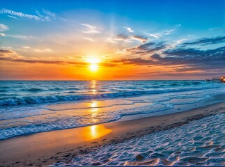 Art Beautiful sunrise over beach in Cancun; Dramatic sky clouds over beach on Sea; Drims paradise summer vacation destination; generative ai - obrazy, fototapety, plakaty
