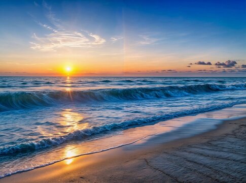 Art Beautiful sunrise over beach in Cancun; Dramatic sky clouds over beach on Sea; Drims paradise summer vacation destination; generative ai