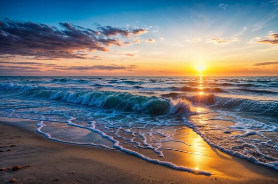 Art Beautiful sunrise over beach in Cancun; Dramatic sky clouds over beach on Sea; Drims paradise summer vacation destination; generative ai