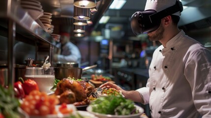 Chef Using VR Headset While Preparing Dishes in Kitchen