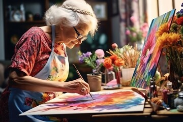 Happy senior woman artist with easel, paint brush and palette painting at home. Elderly woman is painting in her home. Retirement hobby. Senior female artist working on a painting - obrazy, fototapety, plakaty