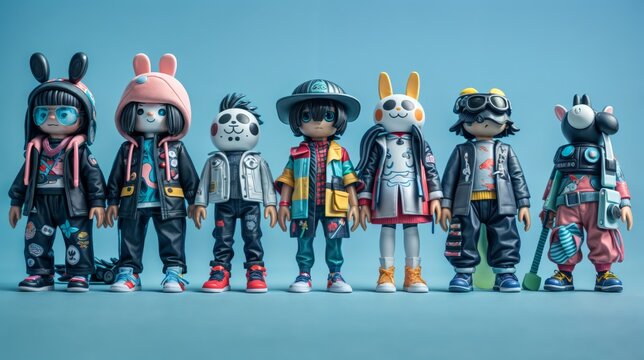 The image features a group of seven toy characters standing in a row against a blue background. They are wearing colorful clothing and accessories.