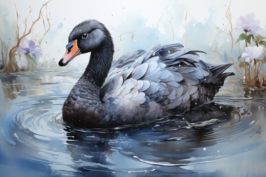 Black swan watercolor painting on white background